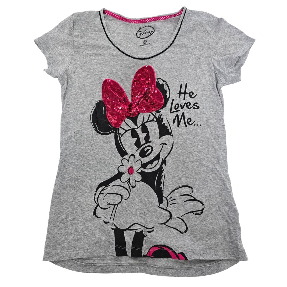 Disney Minnie Mouse Girls Sequin Bow Shirt Size 4-6 Gray "He‎ Loves Me"